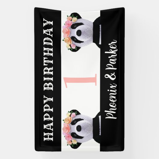 Cute Panda Twin Girls Boys Birthday Party Banner (Verticaal)