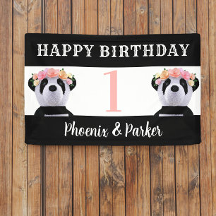 Cute Panda Twins Birthday Party Banner