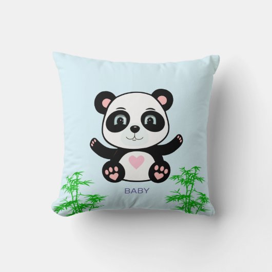 Cute Pandabeer & Bamboe op Lichtblauw Kussen (Voorkant)