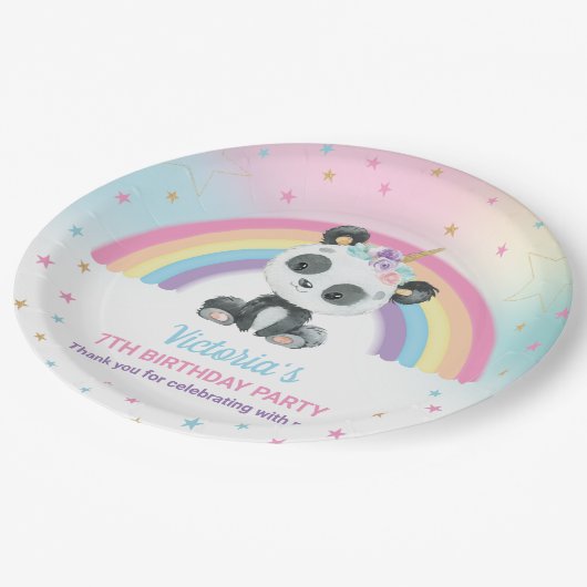 Cute Pandacorn Panda Birthday Party Rainbow Papieren Bordje (Gekanteld)