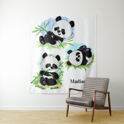 Cute Pandas aangepaste naam tapestries Wandkleed (In situ)
