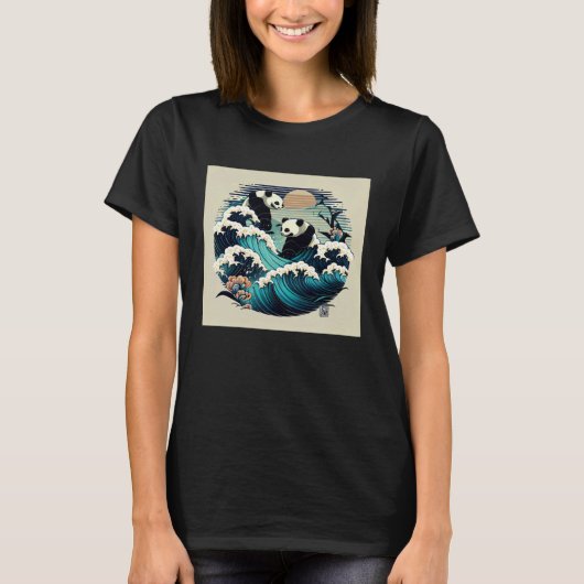 Cute pandas surfing the Japanese great wave sunset T-shirt (Voorkant)