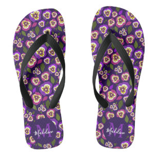 Cute Pansies Pattern Paars Monogram Teenslippers