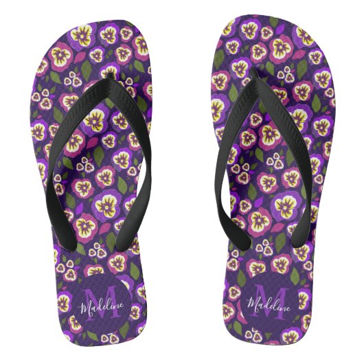 Cute Pansies Pattern Paars Monogram Teenslippers (Voetbed)