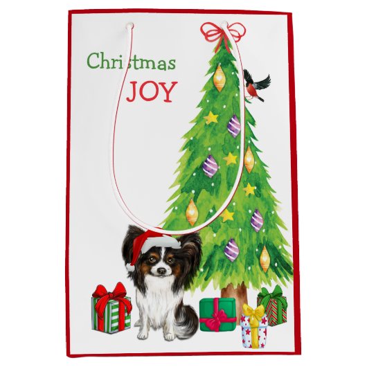 Cute Papillon Dog Santa Hat en kerstboom Medium Cadeauzakje (Voorkant)