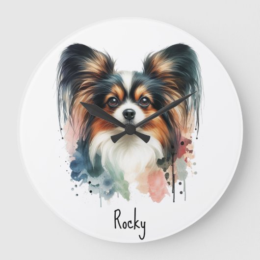 Cute Papillon Dog Watercolor Art Grote Klok (Voorkant)