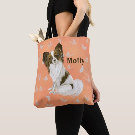 Cute Papillon Dog Witte vlinders Aangepast Tote Bag (Dichtbij)
