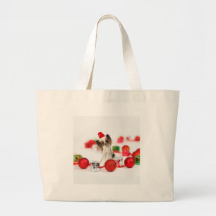 Cute Papillon-hond Kerstman-muts Grote Tote Bag