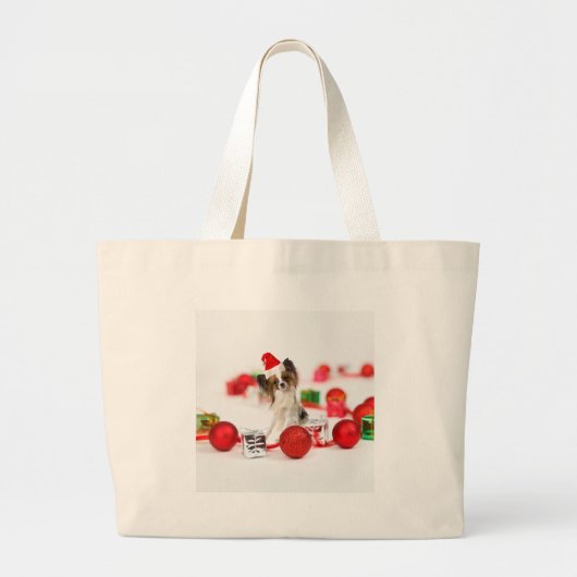 Cute Papillon-hond Kerstman-muts Grote Tote Bag (Voorkant)