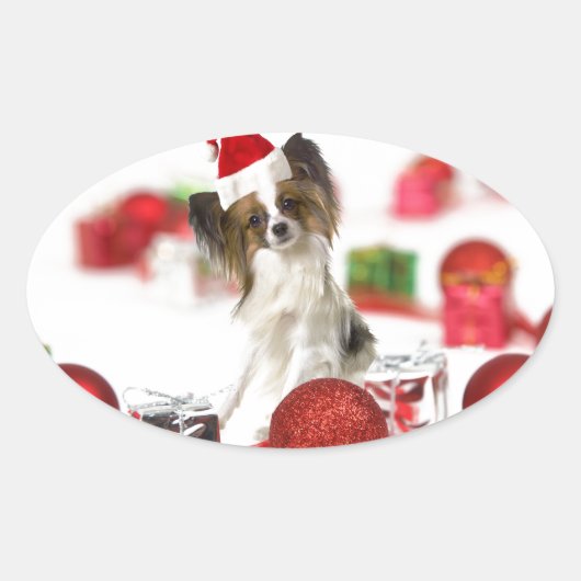 Cute Papillon-hond Kerstman-muts Ovale Sticker (Voorkant)