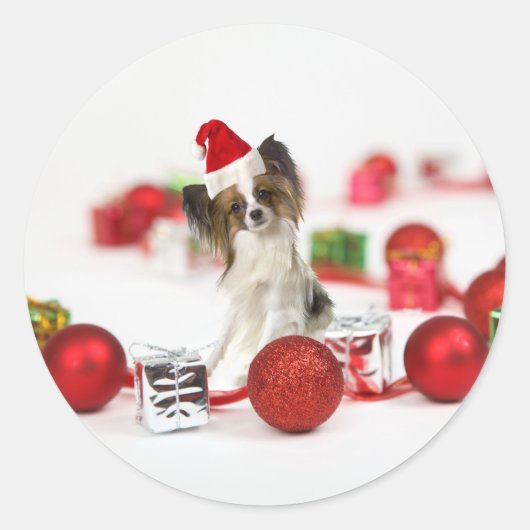 Cute Papillon-hond Kerstman-muts Ronde Sticker (Voorkant)