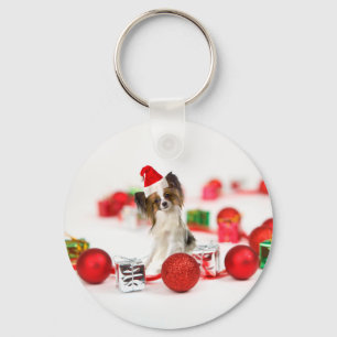 Cute Papillon-hond Kerstman-muts Sleutelhanger
