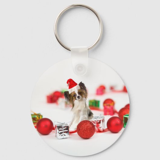 Cute Papillon-hond Kerstman-muts Sleutelhanger (Voorkant)
