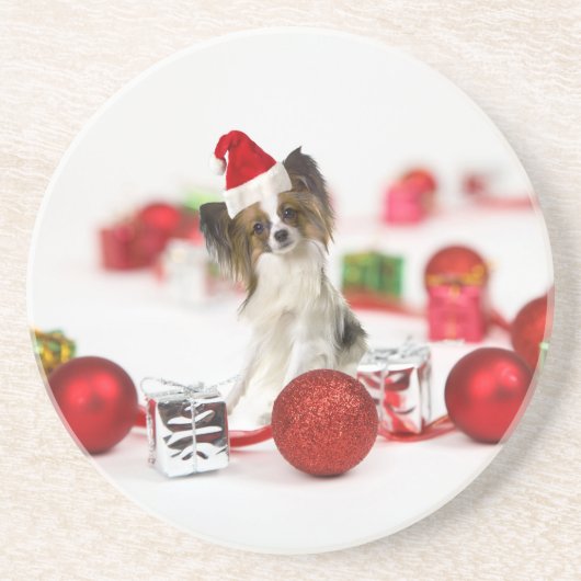 Cute Papillon-hond Kerstman-muts Zandsteen Onderzetter (Voorkant)