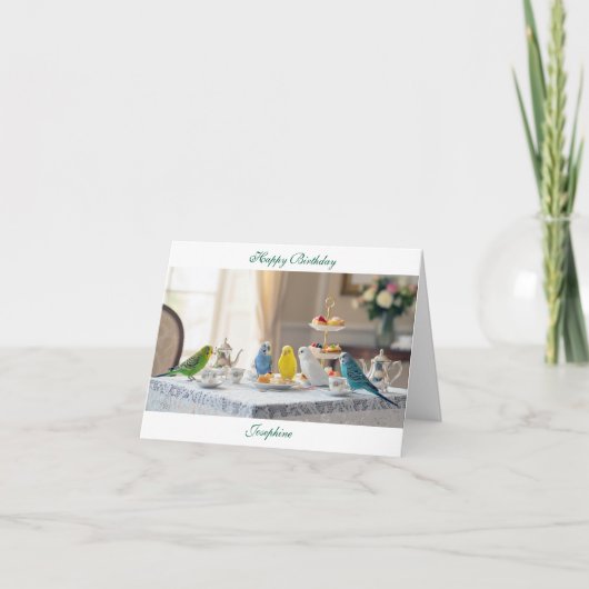 Cute Parakeet Budgies Afternoon Tea Birthday Kaart (Voorkant)