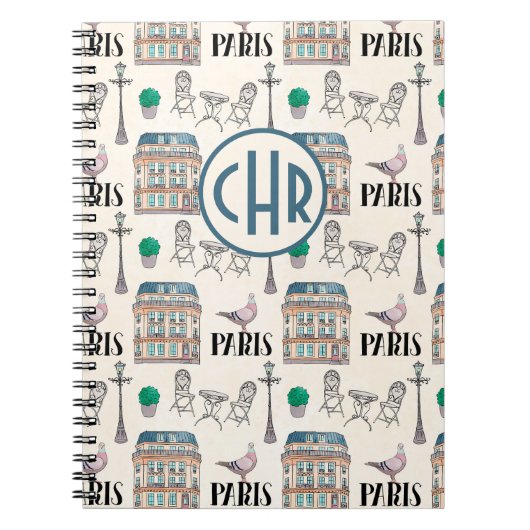 Cute Paris Street Scene | Monogram Waterverf Notitieboek (Voorkant)