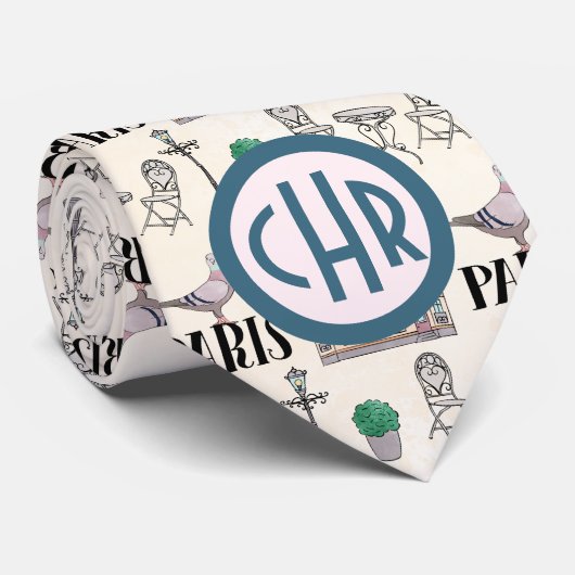 Cute Paris Street Scene | Monogram Waterverf Stropdas (Opgerold)