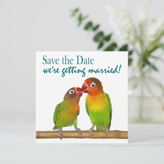 Cute Parrot Tortelduifjes Tropical Save the Date (Staand voorkant)