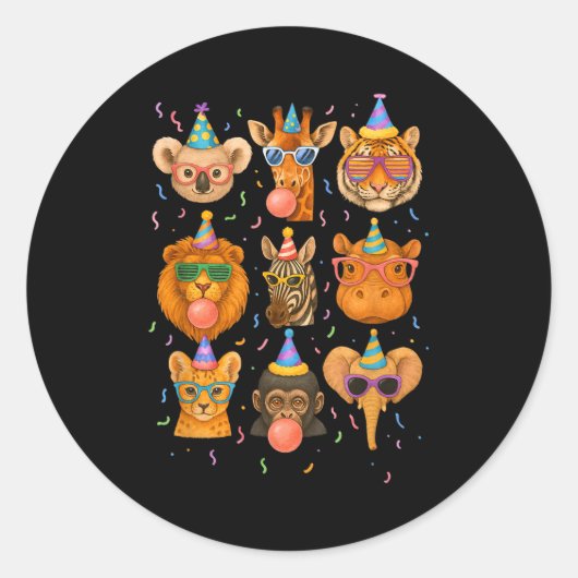 Cute Party Animals Birthday Wildlife Zoo Birthday  Ronde Sticker (Voorkant)