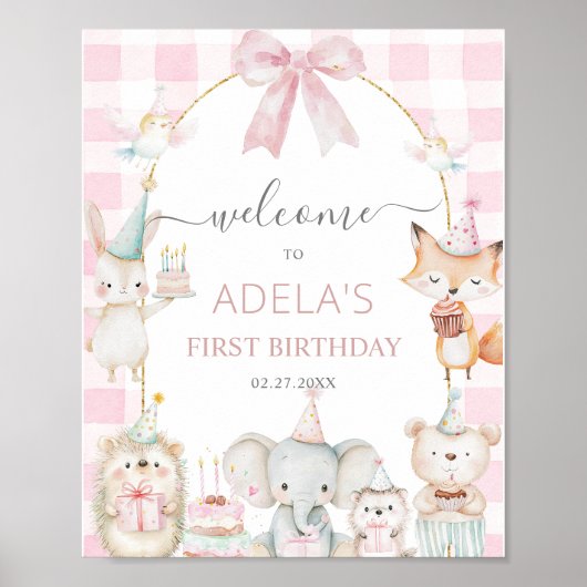 Cute Party Animals Fun To Be One 1st Birthday Pink Poster (Voorkant)