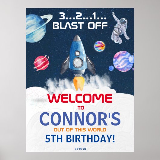Cute Party Astronaut Birthday Welkom Poster (Voorkant)
