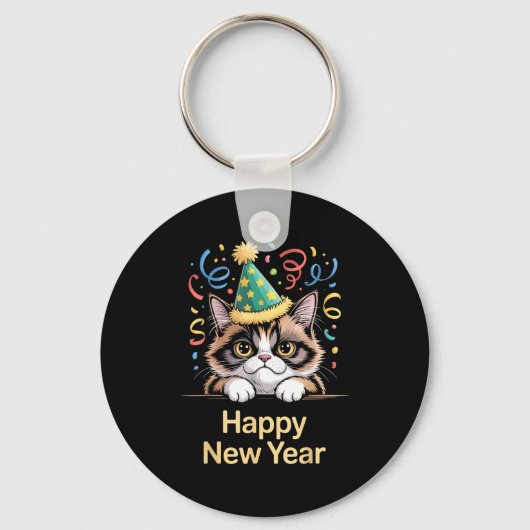 Cute Party Cat Happy New Year Funny New Year’s Eve Sleutelhanger (Voorkant)