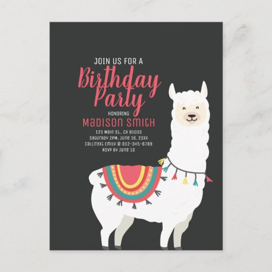 Cute Party Llama en Ballon Verjaardagsuitnodiging Uitnodiging Briefkaart (Voorkant)