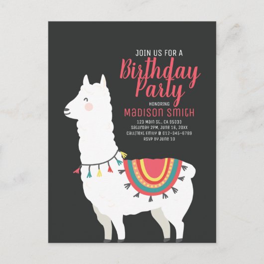 Cute Party Llama en Ballon Verjaardagsuitnodiging Uitnodiging Briefkaart (Voorkant)