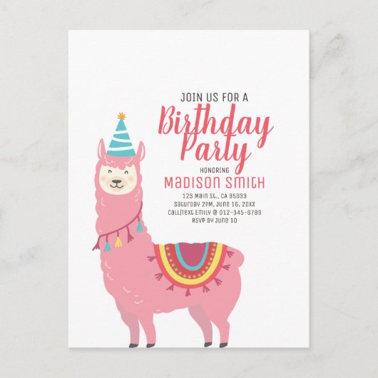 Cute Party Llama en Ballon Verjaardagsuitnodiging Uitnodiging Briefkaart (Voorkant)