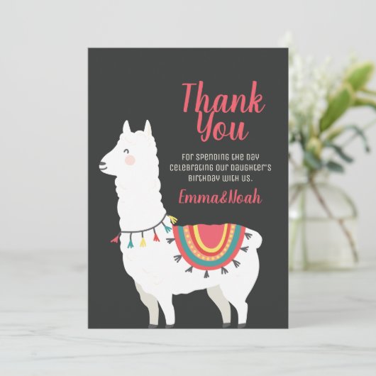 Cute Party Llama en Balloon Birthday Dank u Bedankkaart (Staand voorkant)