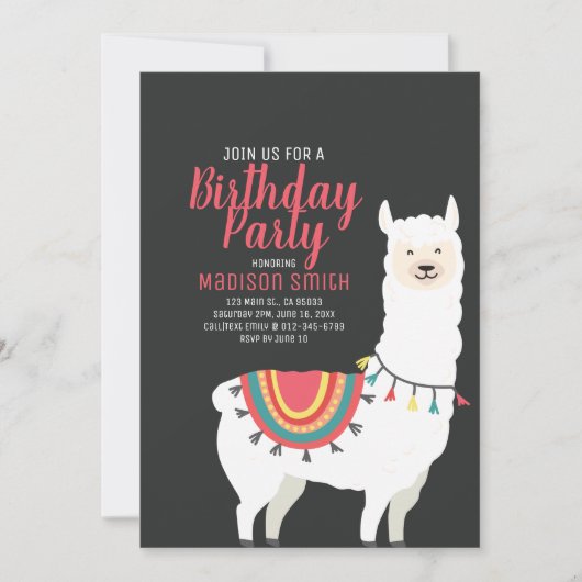 Cute Party Llama en Balloon Birthday Invitation Kaart (Voorkant)