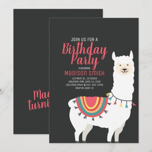 Cute Party Llama en Balloon Birthday Invitation Kaart (Voorkant / Achterkant)