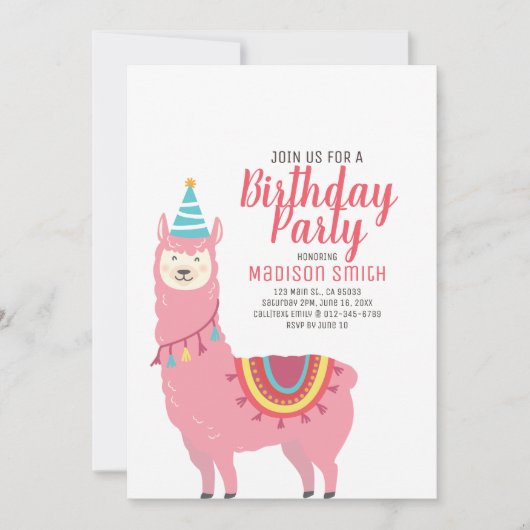 Cute Party Llama en Balloon Birthday Invitation Kaart (Voorkant)