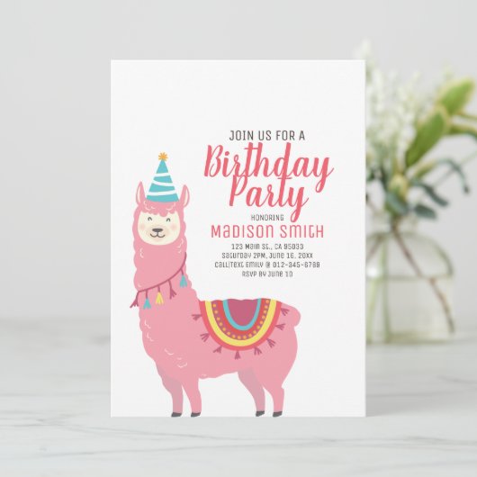 Cute Party Llama en Balloon Birthday Invitation Kaart (Staand voorkant)