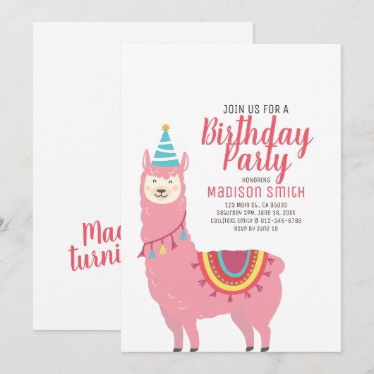 Cute Party Llama en Balloon Birthday Invitation Kaart (Voorkant / Achterkant)