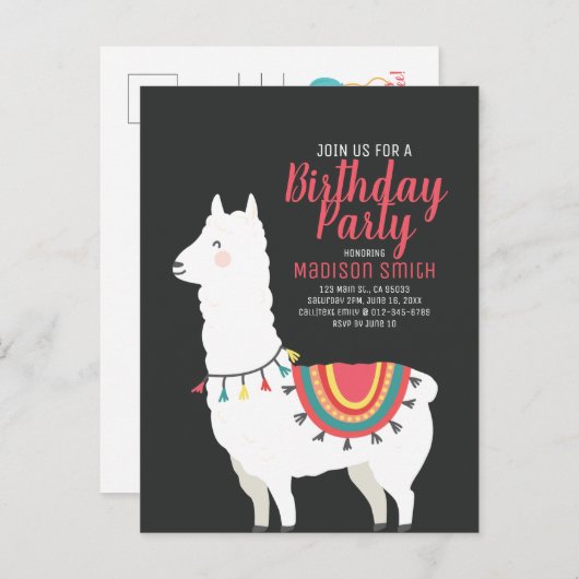 Cute Party Llama en Balloon Birthday Invitation Uitnodiging Briefkaart (Voorkant / Achterkant)