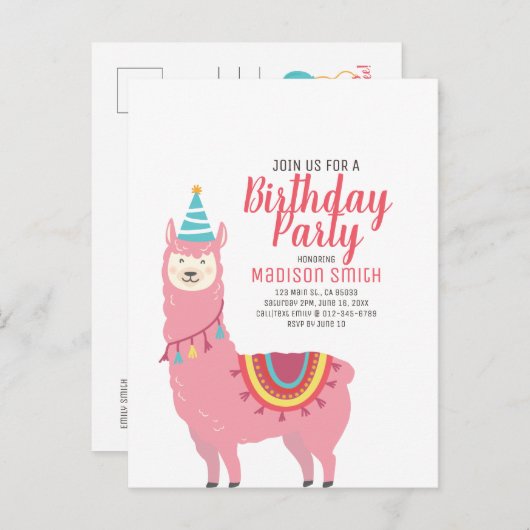 Cute Party Llama en Balloon Birthday Invitation Uitnodiging Briefkaart (Voorkant / Achterkant)