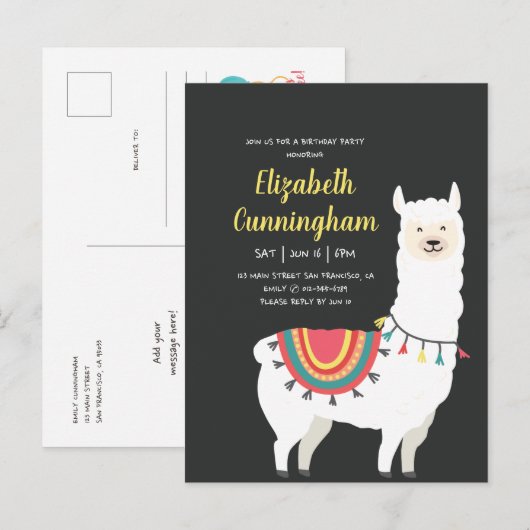 Cute Party Llama en Balloon Birthday Uitnodiging Briefkaart (Voorkant / Achterkant)