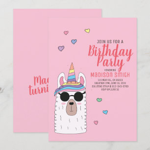 Cute Party Llamacorn Birthday Invitation Kaart