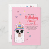 Cute Party Llamacorn Birthday Invitation Uitnodiging Briefkaart (Voorkant / Achterkant)