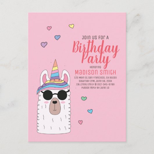 Cute Party Llamacorn Birthday Invitation Uitnodiging Briefkaart (Voorkant)