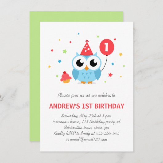 Cute party owl met ballon en cupcake jarig kaart (Voorkant / Achterkant)