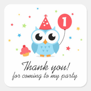 Cute party owl met ballonverjaardag bedankt vierkante sticker