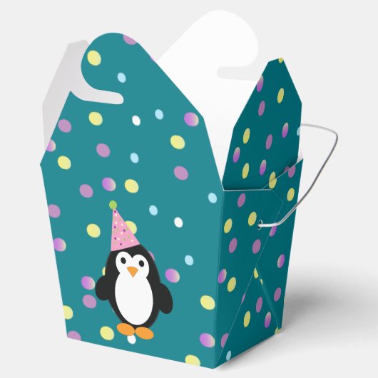Cute Party Penguin met ronde confetti background Bedankdoosjes (Geopend)