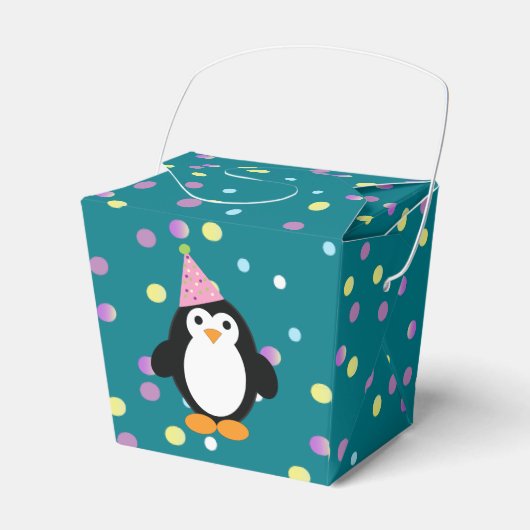 Cute Party Penguin met ronde confetti background Bedankdoosjes (Voorkant Zijde)
