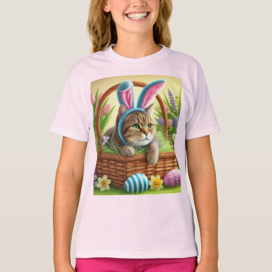 Cute Pasen Kat Meisjes Roze T-Shirt (Voorkant)