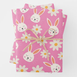 Cute Pasen Konijnen Patroon met Bloemen op Roze  Inpakpapier Vel