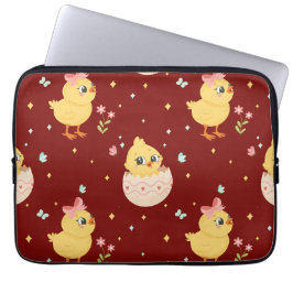Cute Pasen Kuiken met Roze Strik Naadloos Patroon  Laptop Sleeve