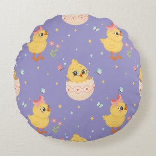Cute Pasen Kuiken met Roze Strik Naadloos Patroon  Rond Kussen