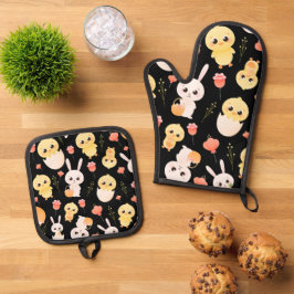 Cute Pasen Kuikens & Konijnen Naadloos Patroon  Ovenwant & Pannenlap Set